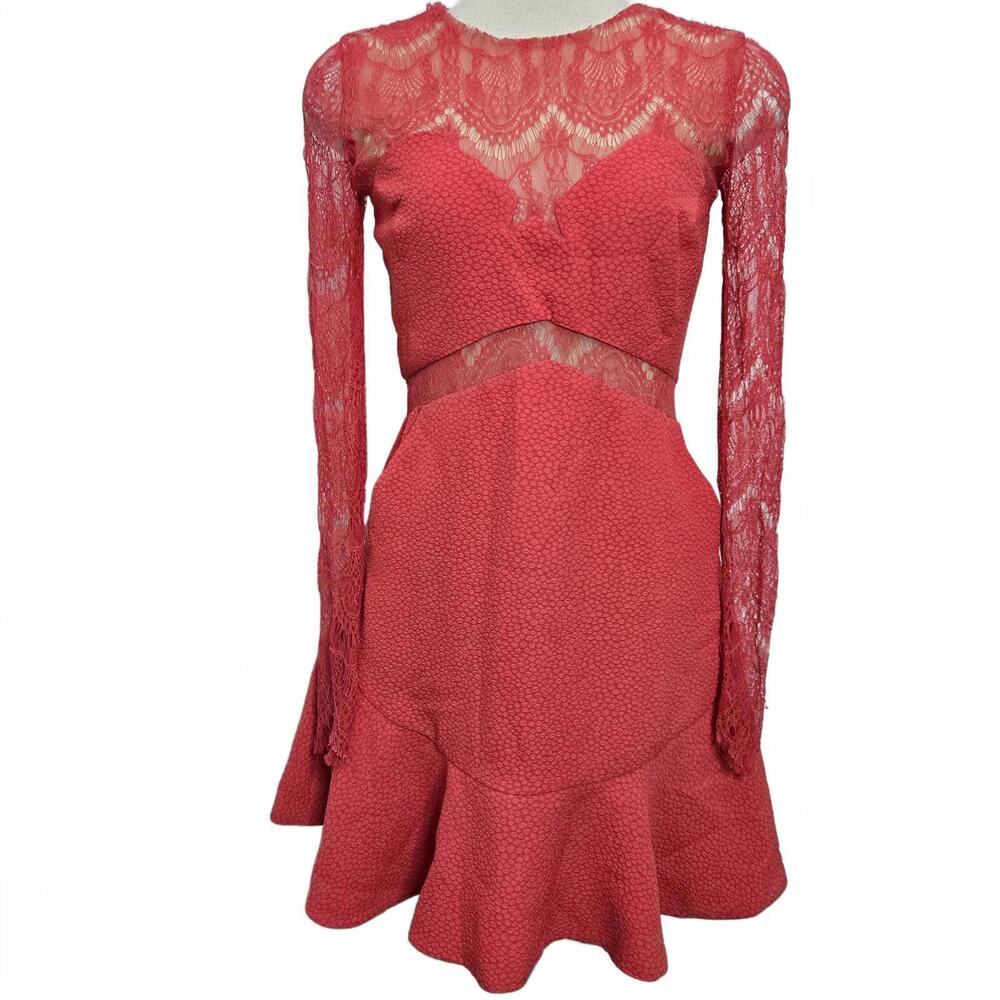 Three Floor Dress US 4 One Oh One Paradise Pink Nude Long Sleeve Lace Fit Flare